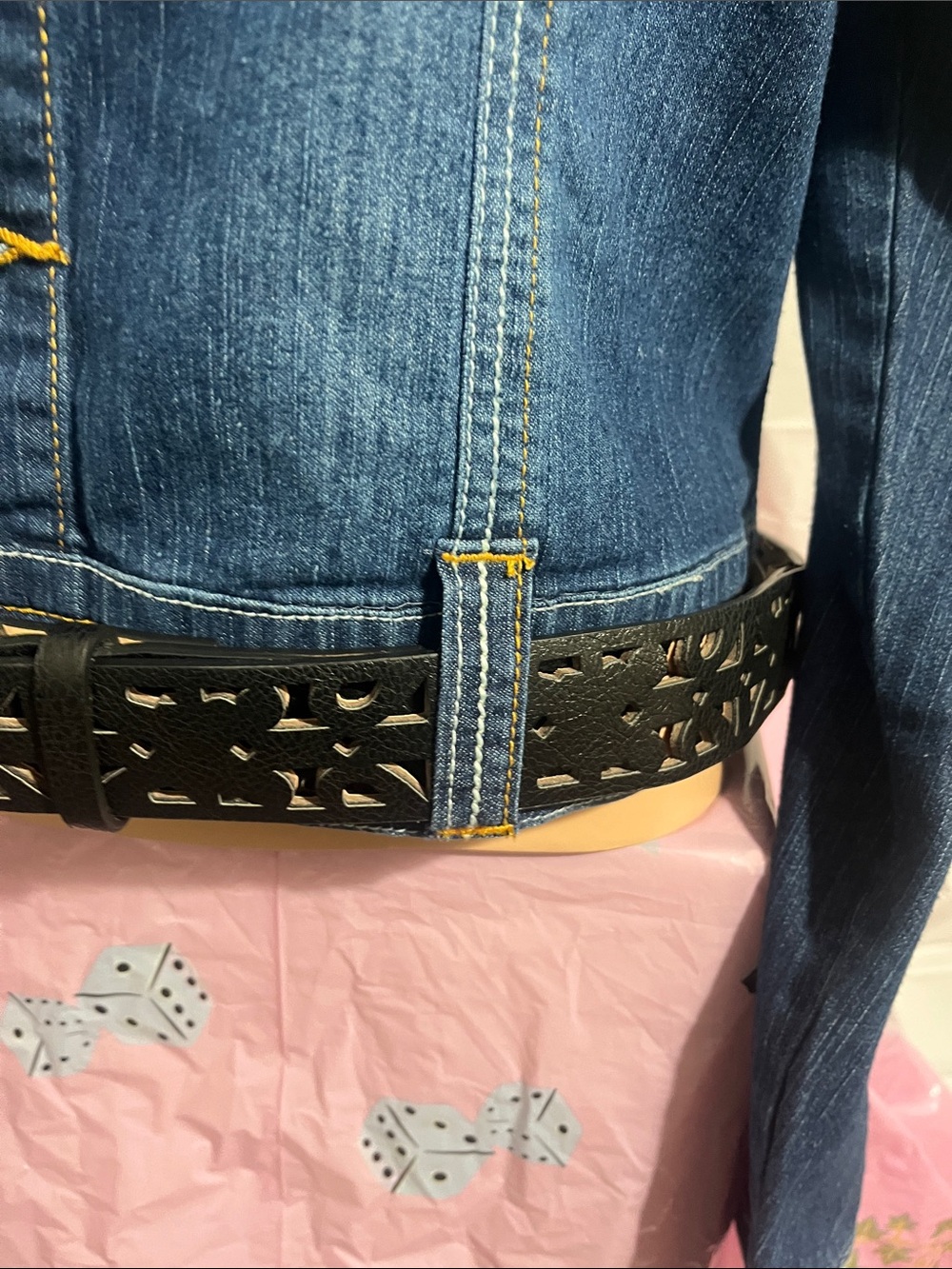 Indulgence Dark Blue Denim Jacket with Gold-Tone Logo Button - Picture 6 of 15